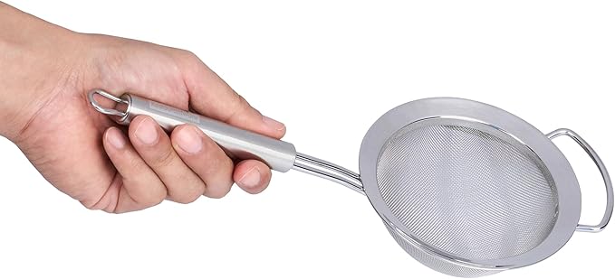 Restaurantware 11.5 in Stainless Steel Fine Mesh Strainer - German Standard Sieve Sifter with Ergonomic Handle, Dishwasher Safe - Reinforced Metal Food Strainer for Quinoa, Soup, Sauce, Baking