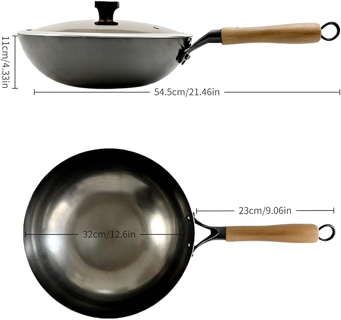 Calmabode 13 Inch Round Bottom Hand Hammered Carbon Steel Wok - Traditional Forged Stir Fry Pan, Fast Heat Conduction, No Hot Spots, Non-Toxic Uncoated for Gas Stove, Home & Professional Kitchen