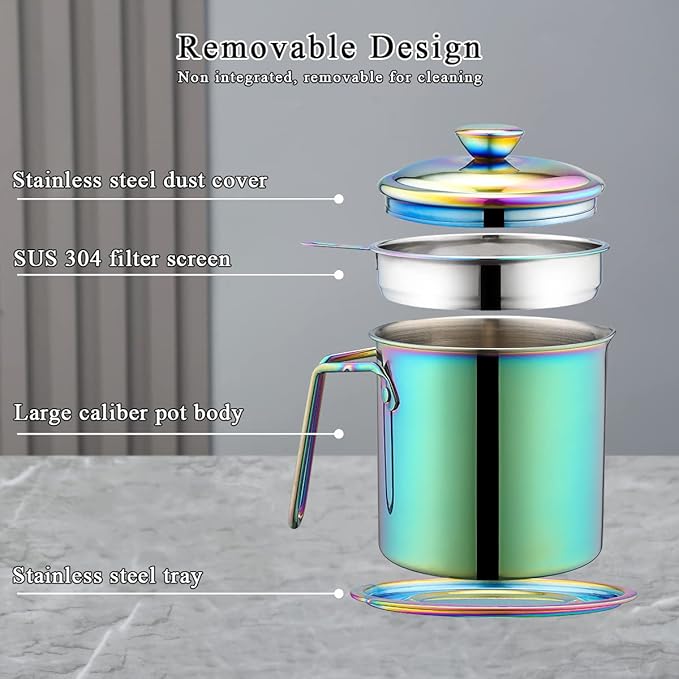 Berglander Rainbow Bacon Grease Container With Strainer 47oz, Titanium Colorful Plating Stainless Steel Oil Storage Container with Fine Mesh Strainer Dust-proof for Storing Frying Oil, Cooking Fat