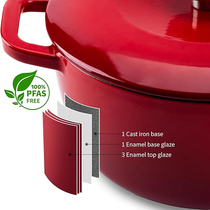 WOKINS Enamel Cast Iron Dutch Oven with Lid,Dual Handles,Heavy-Duty Cookware for Sourdough Bread Baking,Braising,Stews,Roasting,Oven Safe up to 500° F,7QT,red