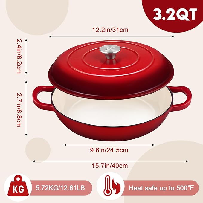 Overmont 5.5qt Enameled Dutch Oven + 3.8qt Braiser Combo