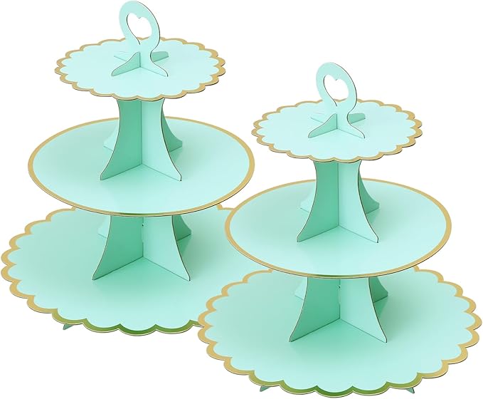 Soleebee 3-Tier Cupcake Stand, Cardboard Cupcake Tower, Cup Cake Stand Tower for Birthday Wedding Party Decoration, Cupcake Tier Stand Desserts Display 2 Set (Green Gold)