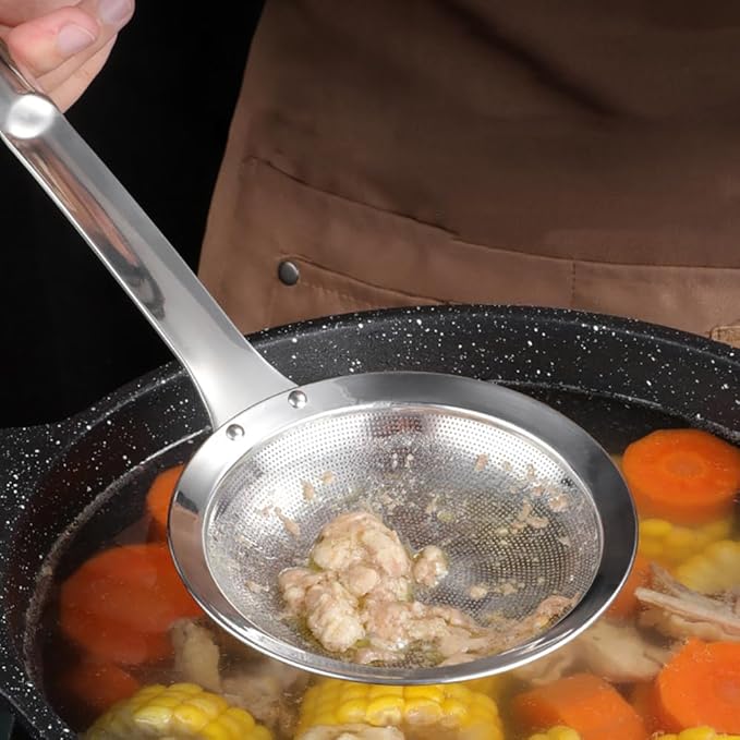 Stainless Steel Fine Mesh Colander Spoon Long Handle Mesh Sieve Strainer Grease Skimmer Spoon Food Oil Filter Strainers Metal Kitchen Strainer Sifter with Handle S