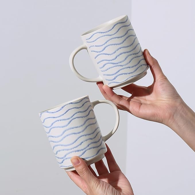 Ceramic Mugs Set of 6, 17oz Coffee Mugs with Handpainted Blue Stripe Pattern, Modern Stackable Coffee Cups, Dishwasher and Microwave Safe Mugs for Coffee, Tea, Milk