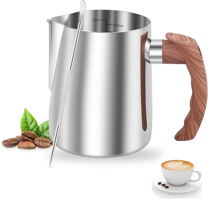 Milk Frothing Pitcher, 20oz/600ml Stainless Steel Milk Frother Cup Measurement, Barista Espresso Steaming Jug with Coffee Art Pen and Ergonomic Handle for Cappuccino Latte Art(silver,600ml)