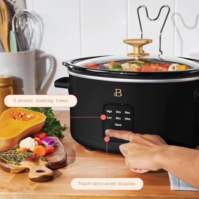 Beautiful 4-Quart Slow Cooker with Touch-Activated Display, Programmable Digital Controls, Removable Non-Stick Pot, Keep Warm Function