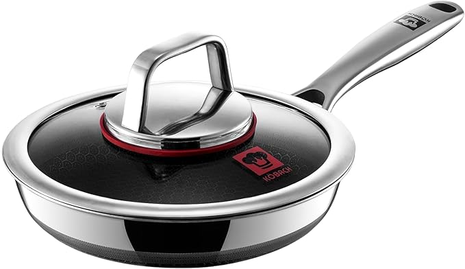 KOBACH 8in+Lid Nonstick Frying Pan - Stainless Steel Skillet, Dishwasher & Oven Safe, Compatible with Induction & Gas Stoves, Non-Toxic & Easy to Clean
