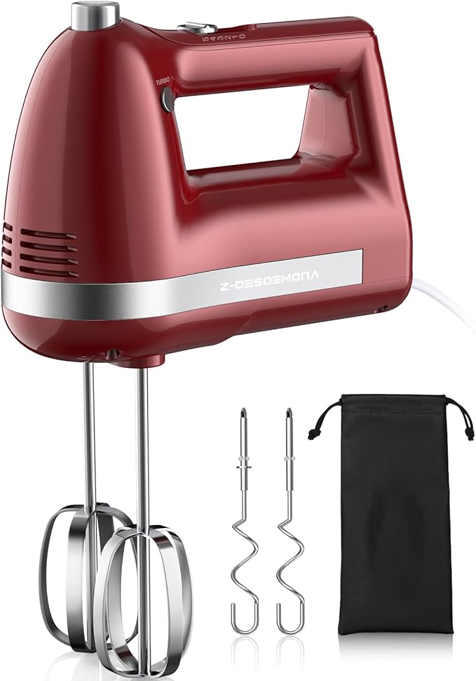 Z-DESDEMONA Electric Hand Mixer, Powerful 300W Hand Mixer Electric Handheld with 304 Beaters, Dough Hook, Hand Held Mixer with Turbo for Baking Cakes, Eggs, Cream Food(Red)
