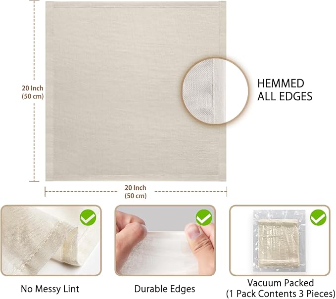 Olicity Cheese Cloths, 3PCS, Grade 100, 20x20Inch Hemmed Cheese Cloth Fabric Reusable Fine Mesh Cloth, 100% Cotton Unbleached Precut Muslin Cheesecloth for Straining, Cooking, Juice, Herbs