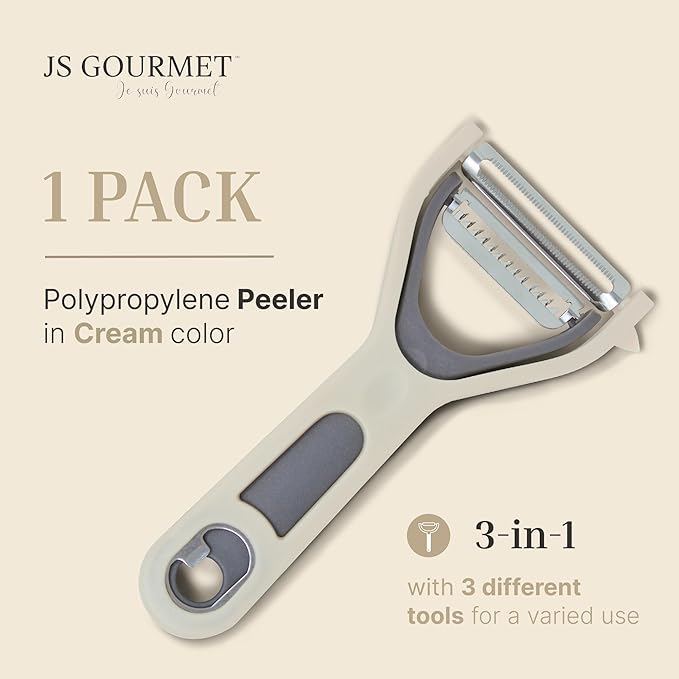 3 in 1 Vegetable Peeler – Julienne Slicer with Bottle Opener and Built-in Eye Remover – Stainless Steel Blade with Comfortable Handle – Potato, Cabbage, and Carrot Peeler for Kitchen – Cream & Grey