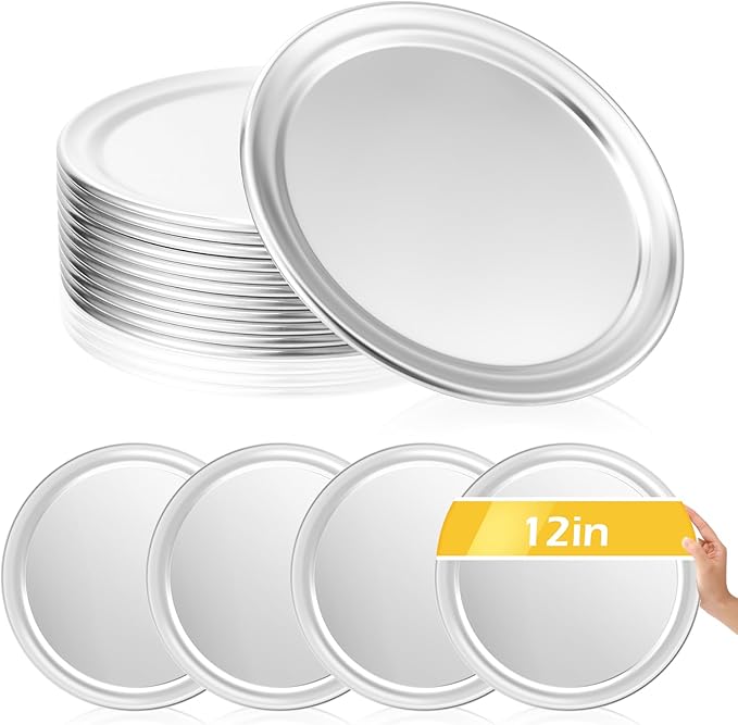 Bokon 12 Pcs 12 Inches Pizza Pan Bulk Restaurant Aluminum Silver Round Pizza Pie Cake Plate Anti Rust Tray for Oven Baking Home Kitchen Easy to Clean