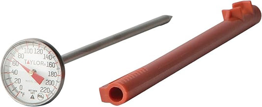 Taylor Instant Read Analog Meat Food Grill BBQ Cooking Kitchen Thermometer with Red Pocket Sleeve for Calibration, 1 inch dial, Stainless Steel
