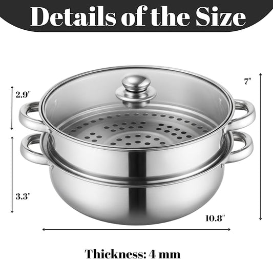 ZENFUN Steamer Pot With Lid 2 Tier, Multipurpose Stainless Steel Steaming Pot, Steam Pots With Handle For Vegetable, Dumpling, Food, 11 Inch（Thickened）