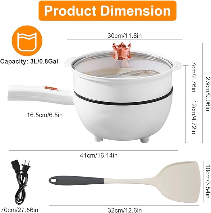 iMounTEK Electric Hot Pot Non-Stick Frying Pan Portable Rapid Noodles Cooker with Long Handle Steamer Spatula Dual Power Control Overheat Dry-Boil Protection for College Dorm Room Essential for Party