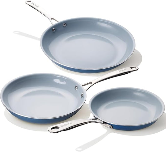 BECIGAR Ceramic Frying Pan Set with Stainless Steel Handle - Perfect Cookware Set for Steak & Non Stick Cooking - Ceramic Pans Set Non Stick Trendy Essential for Young Chefs(Blue)