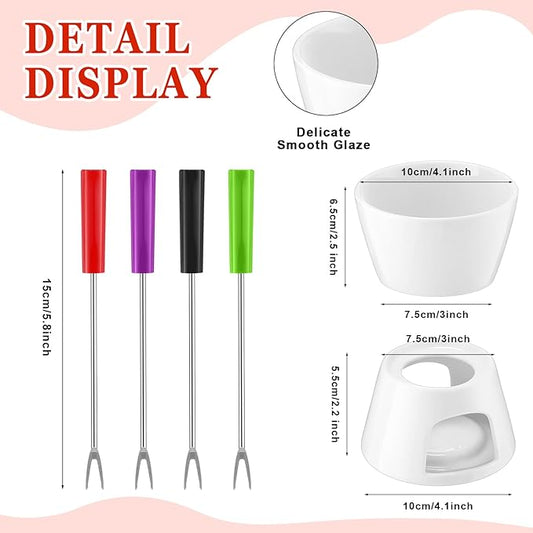 Nuogo 4 Pcs Fondue Pot Set Ceramic Mini Chocolate Fondue Mug Set Melting Bowl with 16 Pcs Mini Forks for Cheese, Chocolate, Tapas, Butter and Caramel, Valentine's Day(Red and White)
