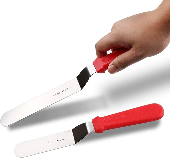 PUCKWAY Offset Spatula set of 3 Red 6 8 & 10 Inch Cake Frosting Angled Icing Spatula for Decorating