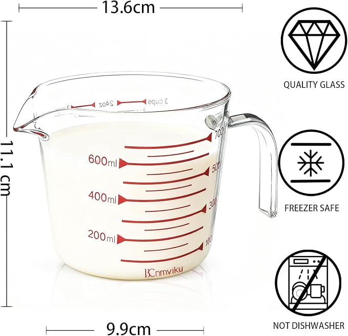 BCnmviku Glass Measuring Cups High Borosilicate [Insulated Handle | 24OZ 3CUP 700ml V-Shaped Spout]For Prepping Baking and Cooking Preheated Oven Dishwasher Freezer and Microwave Safe