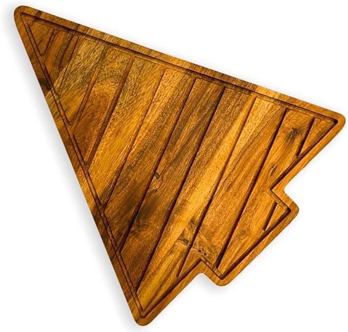Treen Art Wooden Christmas Cutting Board for Kitchen Decor, 12.5"L x 10"W Tree Shaped Acacia Wood Chopping Board with Handle & Slicey Grooves, Serving Charcuterie Platter