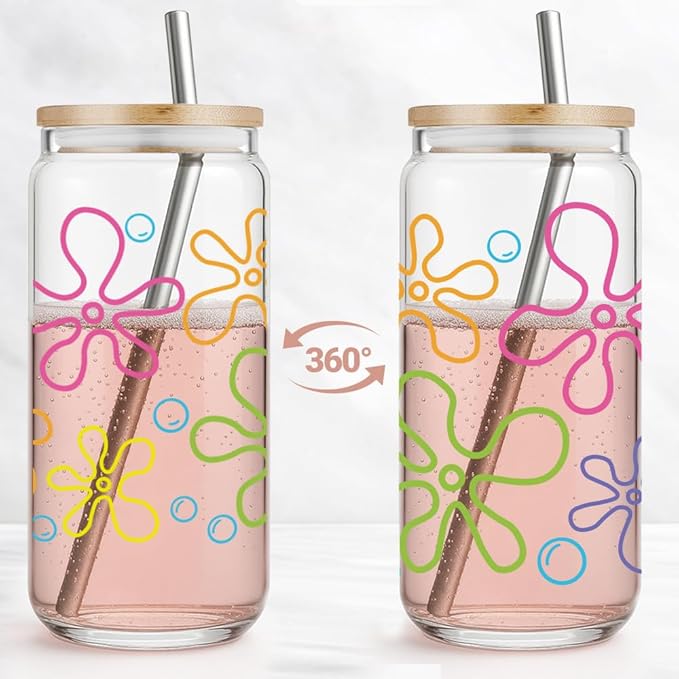 Yellow Cartoon Bubbles Glass Cups Gifts foe Women,Daughter,Friend,Ocean Bubbles and Flowers Glass Tumbler with Bamboo Lid and Straw,Birthday Thanksgiving,Christmas Gifts