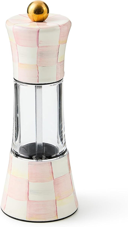 MACKENZIE-CHILDS Enamel Grinder, Refillable Manual Salt Grinder and Pepper Grinder, Pink-and-White Rosy Check