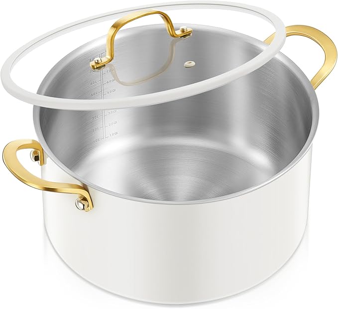 BEZIA 6 QT Stainless Steel Stockpot with Lid, Casserole with Lid, Soup Pot with Sturdy Handle, Even Heat Distribution, Induction Cooking Pot for All Stoves, Ideal for Soups & Stews
