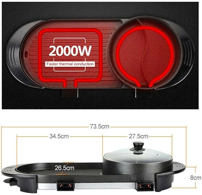 Topteng 2 in 1 Hot Pot Grill, Portable Electric Hot Pot Indoor Barbecue Grill Non-Stick Teppanyaki Pan Shabu Shabu Hot Pot Korean BBQ Grill