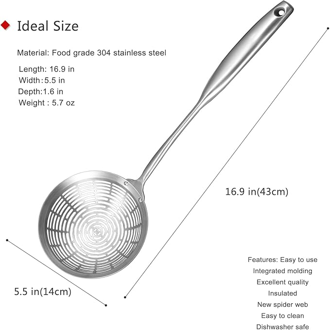 Cooking Skimmer 304 Stainless Steel Spider Strainer Handheld Metal Slotted Spoon With Holes Mesh Ladle For Spaghetti Pasta;Poached Egg;Noodle;Vegetables;Kitchen Frying And Cooking Tools