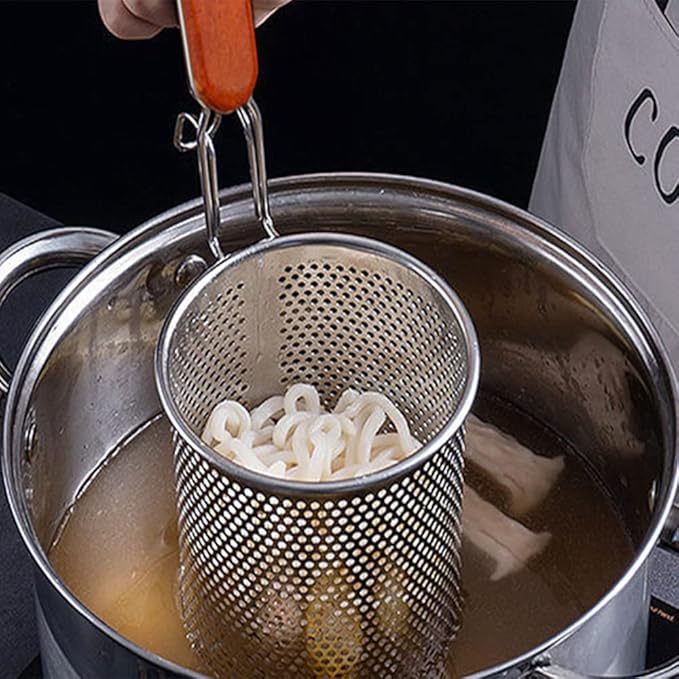Tenta Kitchen Micro-Perforated Stainless Steel Pasta Basket Mesh Spider Food Dumpling Noodle Strainer,Fine Mesh Skimmer Kitchen Fine Sieve Mesh Strainer with Wooden Handle (Strainer, 12cm)