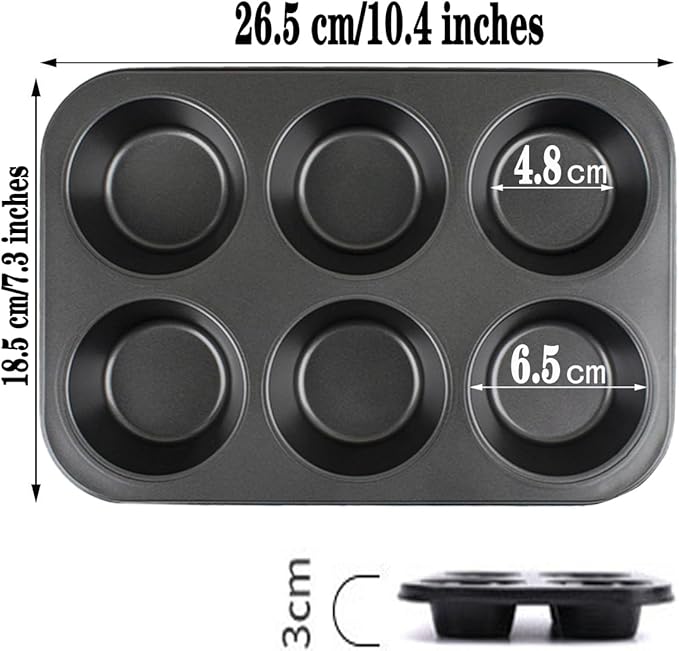 2 Packs 6-Cup Muffin Baking Pan Tin, Small Round Muffin Tin, Nonstick Cupcake Pans, Cheesecake Pans, Carbon Steel, Black