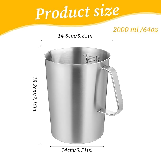 Stainless Steel Measuring Cup with Handle and Pour Lip, 2000ml 70OZ Metal Pitcher with Oz And ML Marking, Heavy-Duty Milk Frothing Jug for Coffee Latte Art, Commercial and Home Kitchen