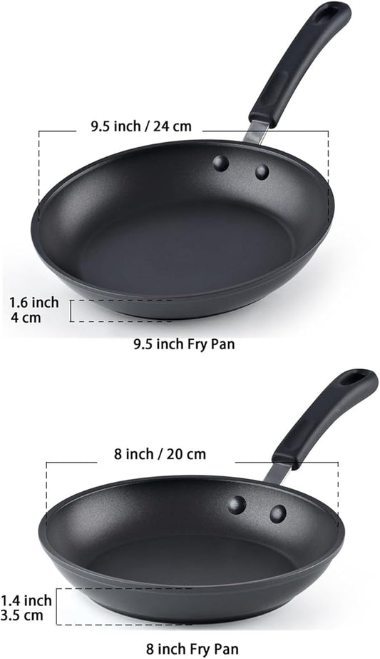 Cook N Home Professional Hard Anodized Nonstick Saute Fry Pan (8"/9.5") 2 Piece Cookware Sets, Black