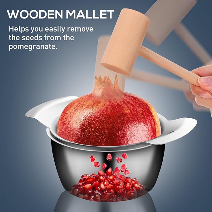 Pomegranate Peeler, Pomegranate Deseeder Tool 304 Stainless Steel Peeler Remover- Includes Cutter, Bowl, and Wooden Hammer for Easy Deseeding and Fun Family Gatherings