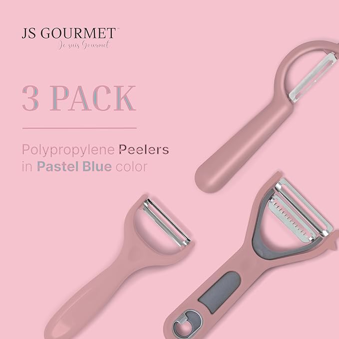 Vegetable Peeler 3-Piece Set – Swivel Cutter, Y-Shaped Slicer, and Julienne Peeler with Bottle Opener and Built-in Eye Remover – Stainless Steel Blade with Comfortable Handle for Kitchen – Pastel Pink