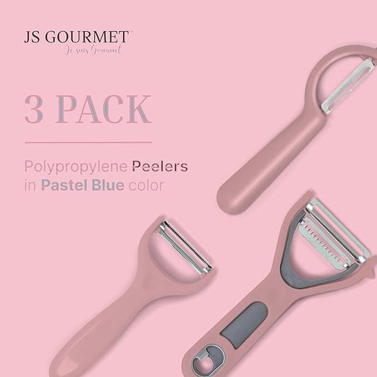 Vegetable Peeler 3-Piece Set – Swivel Cutter, Y-Shaped Slicer, and Julienne Peeler with Bottle Opener and Built-in Eye Remover – Stainless Steel Blade with Comfortable Handle for Kitchen – Pastel Pink