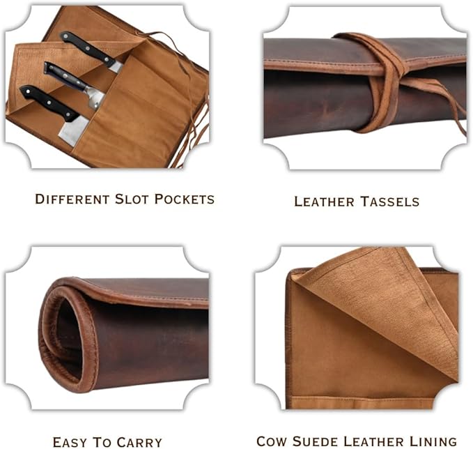 Autentico Leather Knife Roll Bag Professional Chef Knife Case, Durable Knife Sheath Holder, Cooks & Culinary Tools Carrying Storage, Portable Knife Wrap - 4 Slots