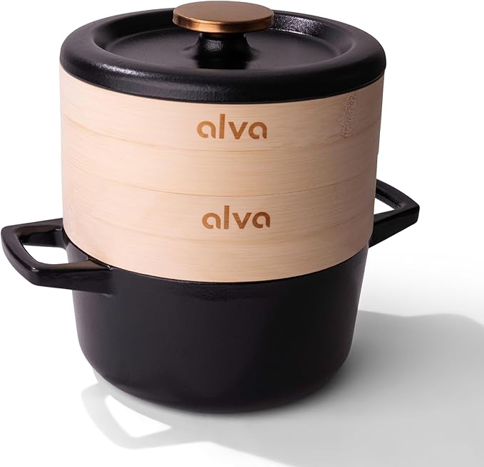 Alva Nori 2.5-Qt Enameled Cast Iron Dutch Oven Steamer Set – Made With No PTFE/PFOA/PFAS, Oven & Induction Safe – 3-Layer Enamel, No Seasoning Needed – Durable, Easy-Clean Cocotte with 2 Steamer Inserts