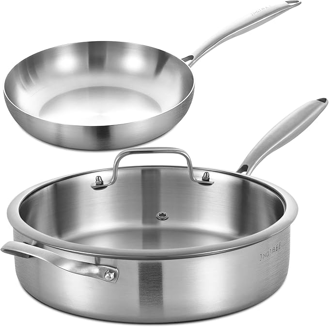 Inqibee Tri-Ply Stainless Steel Cookware Set - 6 Qt Deep Sauté Pan with Lid, 10 Inch Frying Pan, Induction/Gas Compatible, Dishwasher & Oven Safe