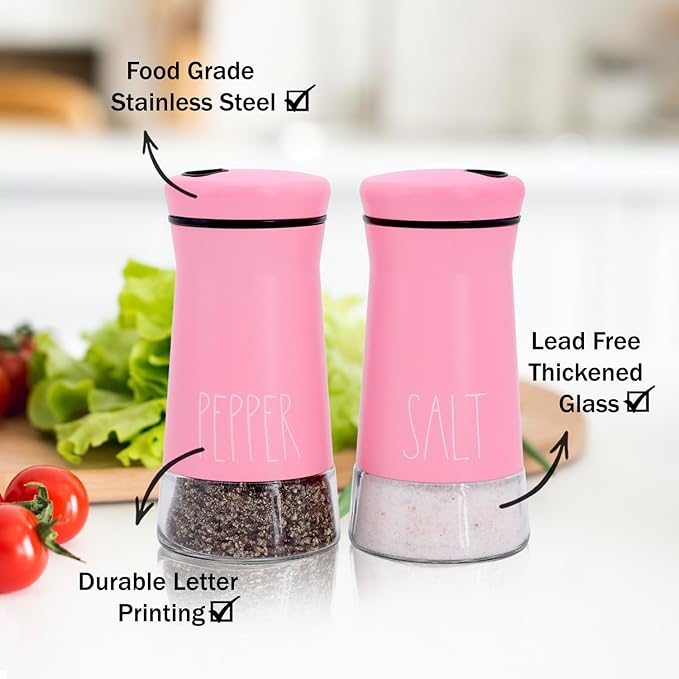 Pink Salt and Pepper Shakers with Adjustable Pour Holes, Refillable Salt Shaker by Aelga, Ideal for Himalayan, Kosher, Black and White Pepper, Pink Kitchen Accessories