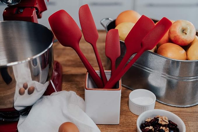 KITCHENLOVE Premium 600°F Heat Resistant 5 Piece Silicone Spatula Set for Baking, Cooking, Mixing - Non-Stick with High Grade S-Iron Steel Core - One Piece Seamless Design - BPA Free (Red)