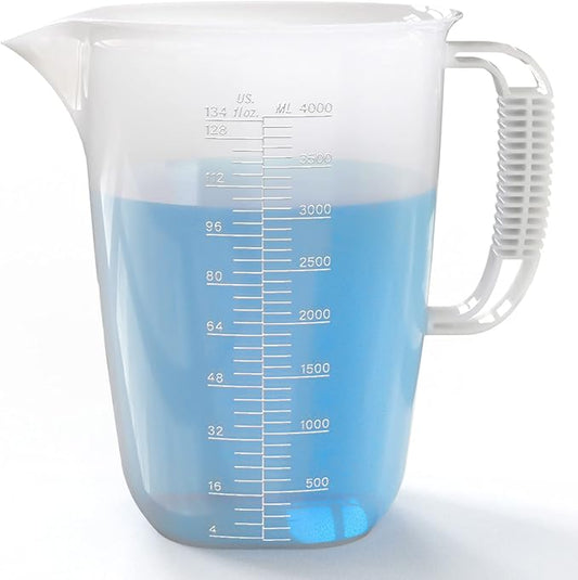 1 Gallon Measuring Pitcher-Convenient Conversion Chart,134oz Extra Large Plastic Measuring Cup-Strong Food Grade Material,Graduated Mixing Pitcher Great for Lawn,Pool Chemicals, Motor Oil and Fluids