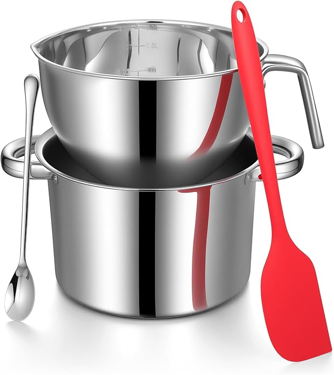 304 Stainless Steel Double Boiler Set -1.8QT Melting Bowl with Scale and Handle - 2.54QT Dual-Handle Pot - Stackable Water Bath Melting Pot Set for Butter, Chocolate, Wax, Sugar, Candle