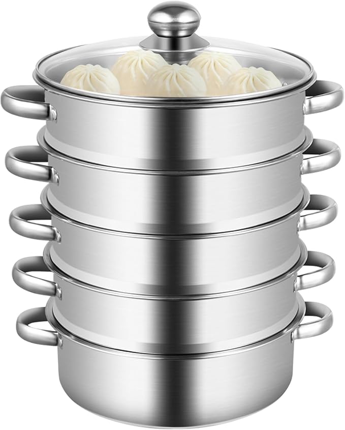 5-Tier Stainless Steel Steamer Meat Vegetable Cooking Steam Pot Kitchen Tool with Stackable Pan and Lid for Steaming Pasta Dumplings and Vegetables