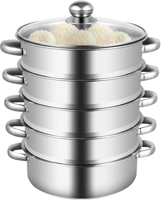 5-Tier Food Steamer Pot for Cooking, Stainless Steel Steamer Pot with Clear Lid, Stackable Steaming Pots Steam Cooker Cookware for Dumpling Seafood, Compatible with Gas/induction Stove (10.23in Diameter)