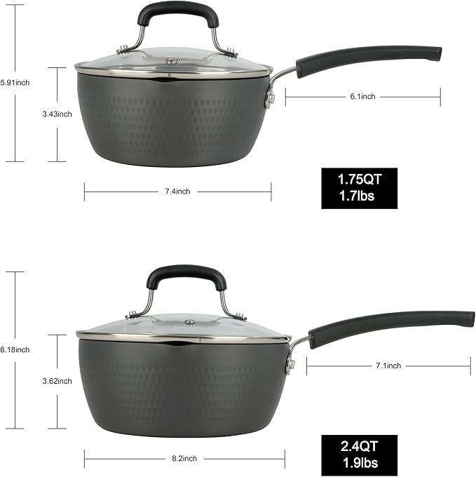 ONGIFT Nonstick Small Sauce Pan with Lid, 1.75 Quart and 2.4 Quart Sauce pan with Pour Spouts, Multipurpose Handy Little Saucepan with Stay Cool Handle, Small Pots for Cooking, Soups, Noodles, Milk