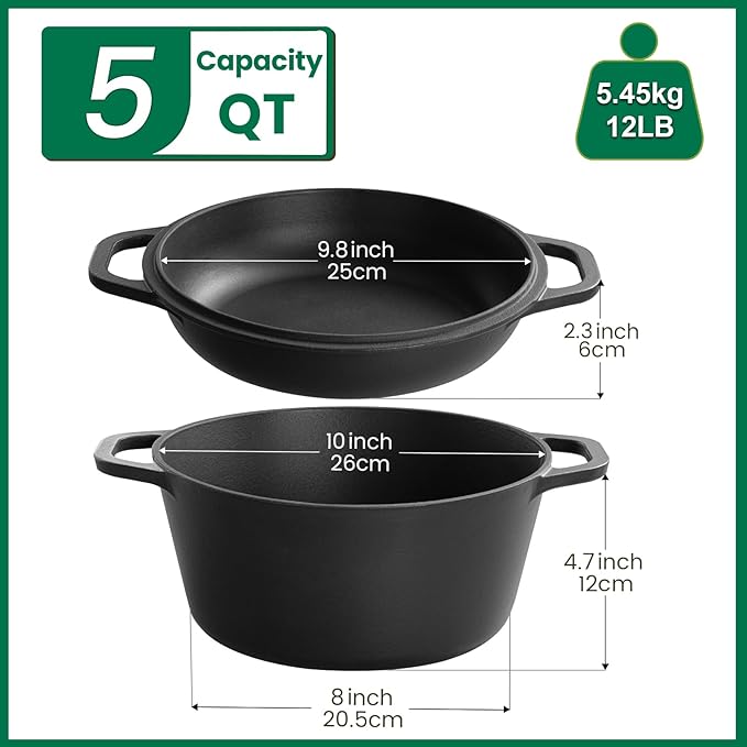 Chef Power 2-in-1 Cast Iron Dutch Oven with Skillet Lid, 5QT Camping Dutch Oven Pot with Lid for Bread, Frying, Baking, Roasting, Cooking, BBQ – Versatile Cast Iron Cookware