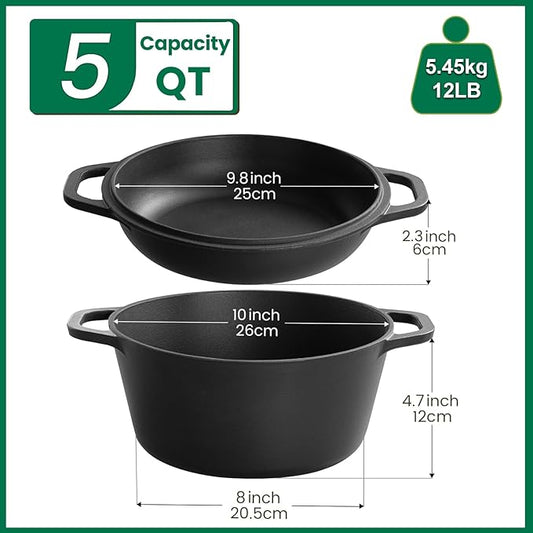 Chef Power 2-in-1 Cast Iron Dutch Oven with Skillet Lid, 5QT Camping Dutch Oven Pot with Lid for Bread, Frying, Baking, Roasting, Cooking, BBQ – Versatile Cast Iron Cookware