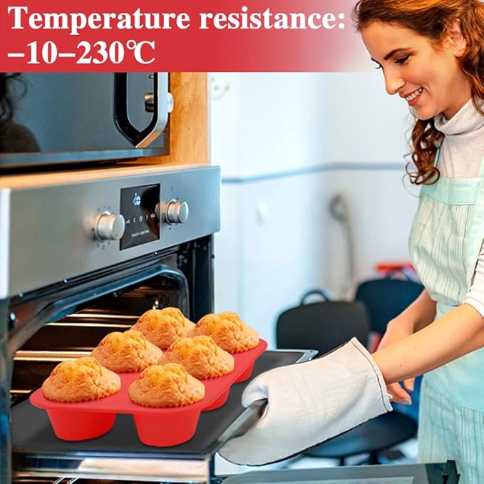 2PCS Silicone Muffin and Cupcake Pan - 6 Cup Non-Stick Mini Baking Molds, Reusable Tin for Brownies, 2 Trays Overlapped (Red, 9.45x6.5x1.57 Inch)