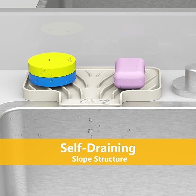 Sponge Holder for Kitchen Sink, 6"×4" High Slope Soap Tray, Silicone Sponge Holder with Drain, Dish Soap Mat for Shower Bathroom, Perfect for Bottle,Cup on Sink or Counter (Cream, 6×4)