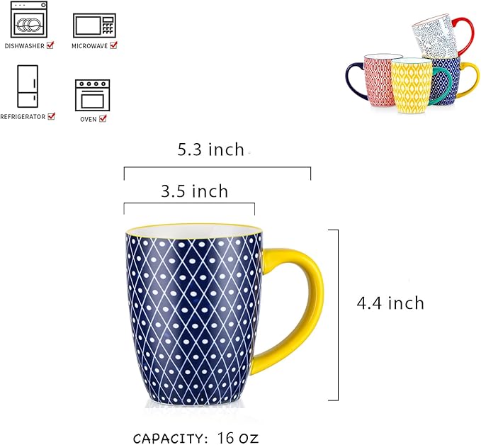 Selamica Ceramic Coffee Mugs Set of 4, 16 OZ Coffee Mug with Handle, Large Coffee Cups for Cappuccino, Tea, Mocha, Cocoa, Dishwasher Microwave Safe, Assorted Colors